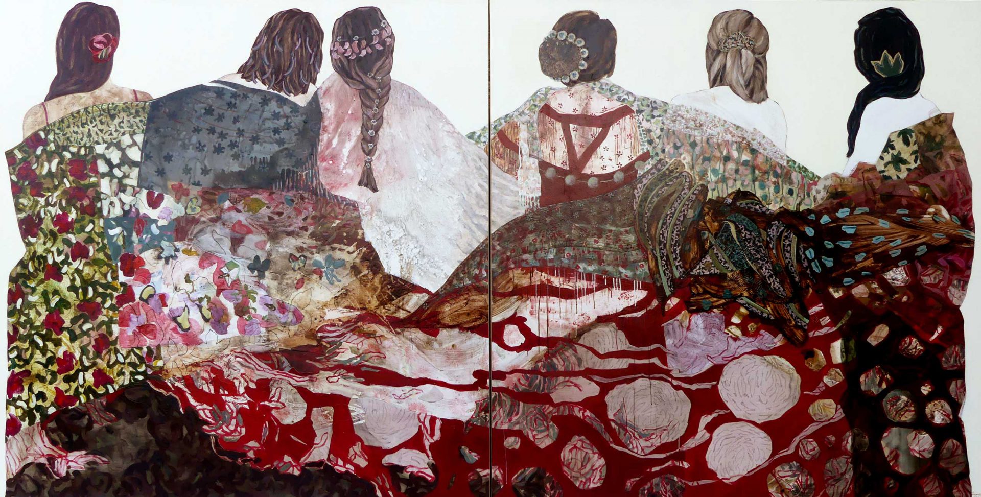 Ce qu'on en pense du bal des éveillés, technique mixte sur toile, diptyque 200 cm X 400 cm, 2019