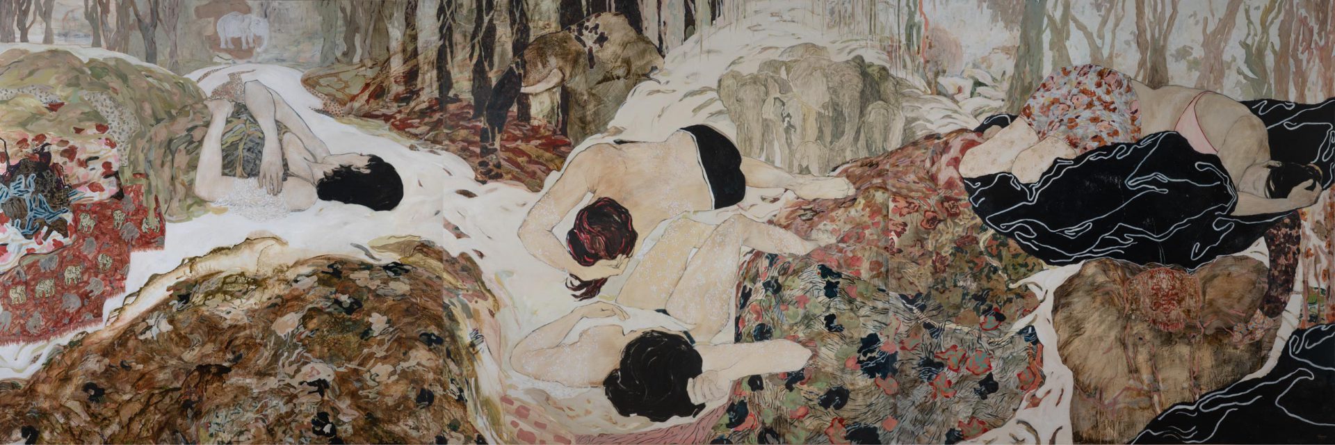 Quand viendront les jours indomptables, technique mixte sur toile,triptyque, 200 x 600 cm, 2016, collection publique, Musée Paul-Dini